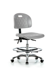 Newport Industrial Polyurethane Chair Chrome - Medium Bench Height with Seat Tilt, Chrome Foot Ring, & Casters in Gray Polyurethane