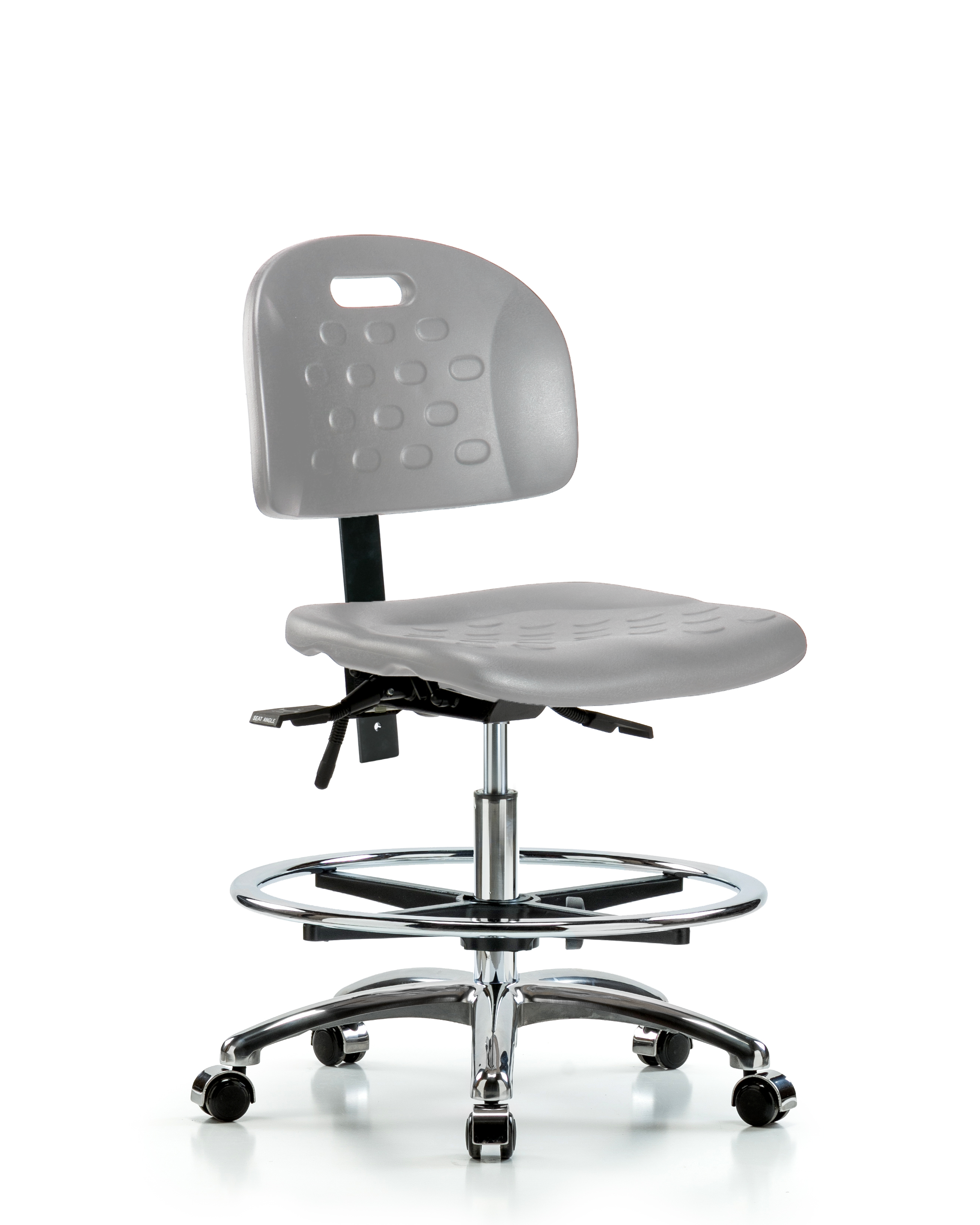 Newport Industrial Polyurethane Chair Chrome - Medium Bench Height with Seat Tilt, Chrome Foot Ring, & Casters in Gray Polyurethane
