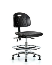 Newport Industrial Polyurethane Chair Chrome - Medium Bench Height with Seat Tilt, Chrome Foot Ring, & Stationary Glides in Black Polyurethane
