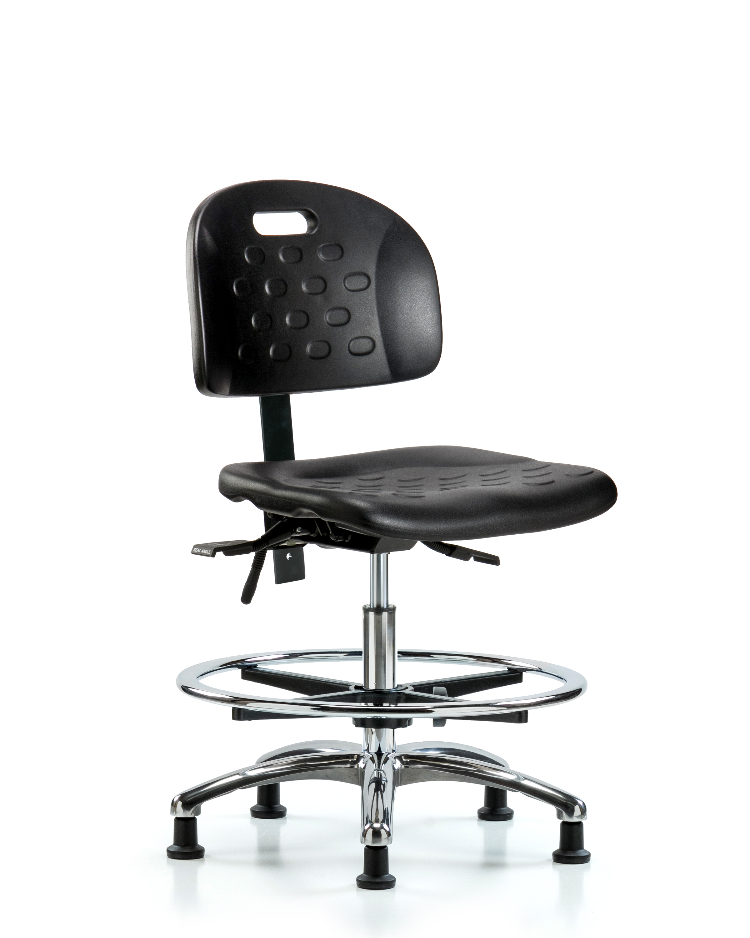 Newport Industrial Polyurethane Chair Chrome - Medium Bench Height with Seat Tilt, Chrome Foot Ring, & Stationary Glides in Black Polyurethane