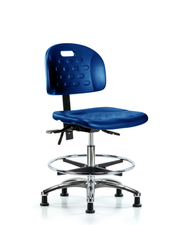 Newport Industrial Polyurethane Chair Chrome - Medium Bench Height with Seat Tilt, Chrome Foot Ring, & Stationary Glides in Blue Polyurethane