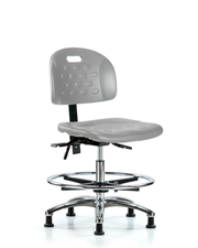 Newport Industrial Polyurethane Chair Chrome - Medium Bench Height with Seat Tilt, Chrome Foot Ring, & Stationary Glides in Gray Polyurethane
