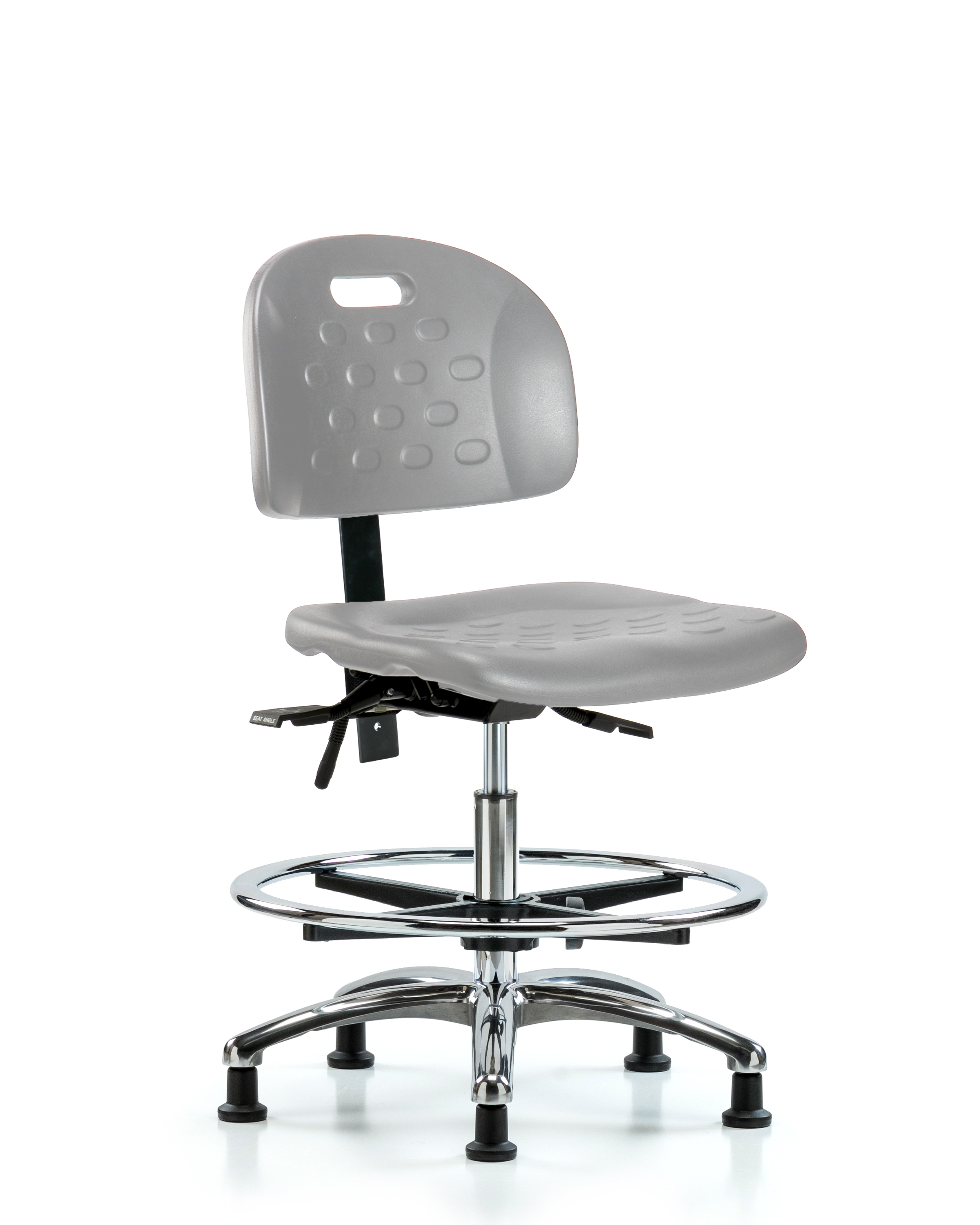 Newport Industrial Polyurethane Chair Chrome - Medium Bench Height with Seat Tilt, Chrome Foot Ring, & Stationary Glides in Gray Polyurethane