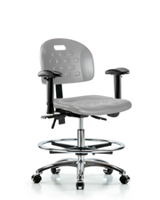 Newport Industrial Polyurethane Chair Chrome - Medium Bench Height with Seat Tilt, Adjustable Arms, Chrome Foot Ring, & Casters in Gray Polyurethane