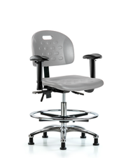 Newport Industrial Polyurethane Chair Chrome - Medium Bench Height with Seat Tilt, Adjustable Arms, Chrome Foot Ring, & Stationary Glides in Gray Polyurethane
