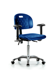 Newport Industrial Polyurethane Chair Chrome - Medium Bench Height with Seat Tilt, Adjustable Arms, & Casters in Blue Polyurethane