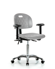 Newport Industrial Polyurethane Chair Chrome - Medium Bench Height with Seat Tilt, Adjustable Arms, & Casters in Gray Polyurethane