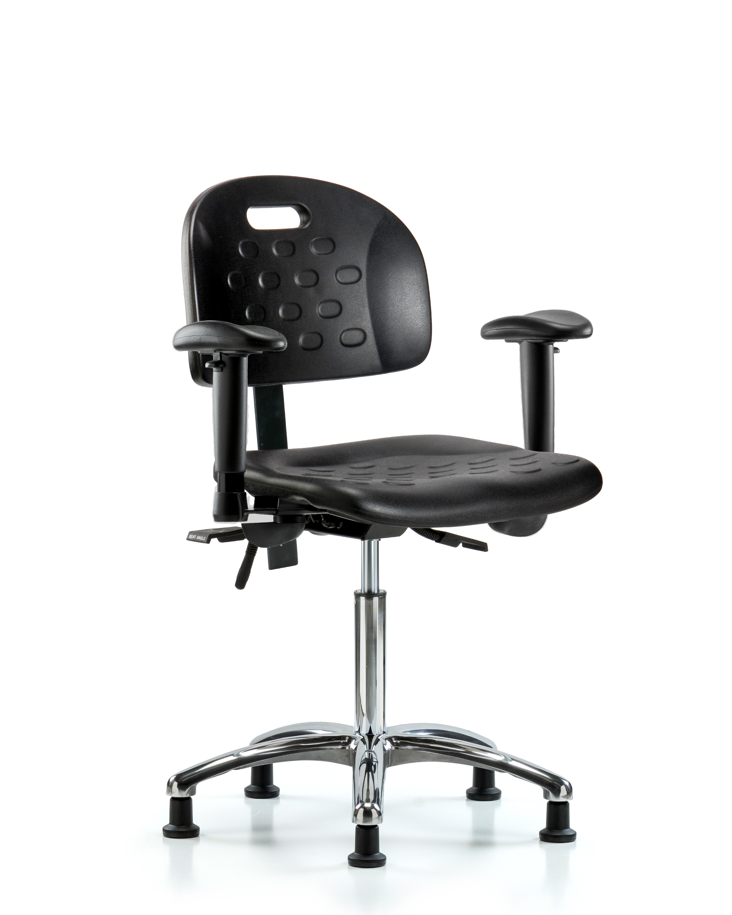 Newport Industrial Polyurethane Chair Chrome - Medium Bench Height with Seat Tilt, Adjustable Arms, & Stationary Glides in Black Polyurethane