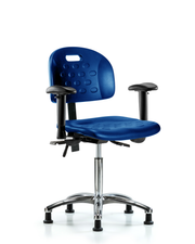 Newport Industrial Polyurethane Chair Chrome - Medium Bench Height with Seat Tilt, Adjustable Arms, & Stationary Glides in Blue Polyurethane