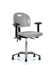 Newport Industrial Polyurethane Chair Chrome - Medium Bench Height with Seat Tilt, Adjustable Arms, & Stationary Glides in Gray Polyurethane