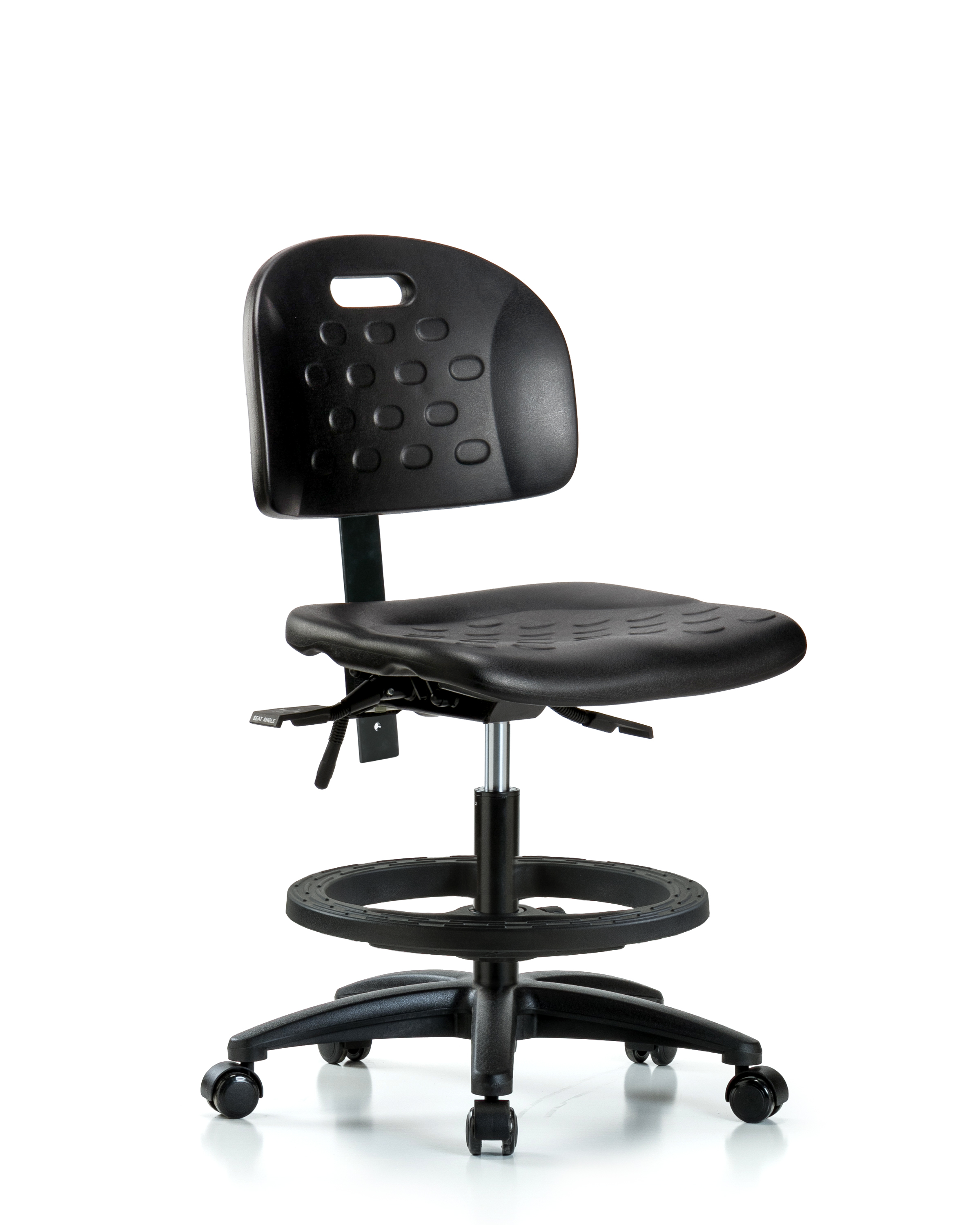 Newport Industrial Polyurethane Chair - Medium Bench Height with Black Foot Ring & Casters in Black Polyurethane