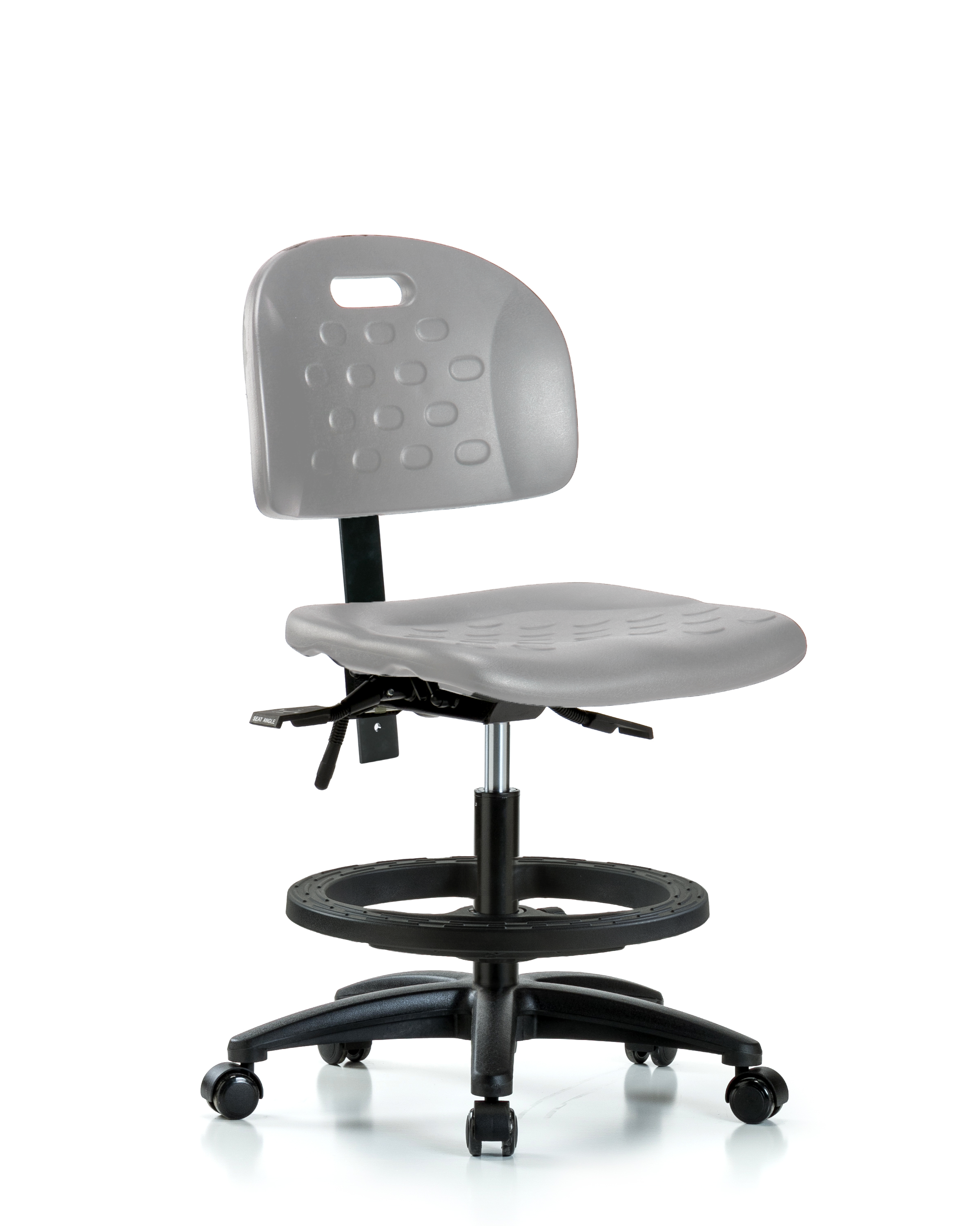 Newport Industrial Polyurethane Chair - Medium Bench Height with Black Foot Ring & Casters in Gray Polyurethane