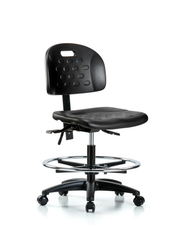 Newport Industrial Polyurethane Chair - Medium Bench Height with Chrome Foot Ring & Casters in Black Polyurethane