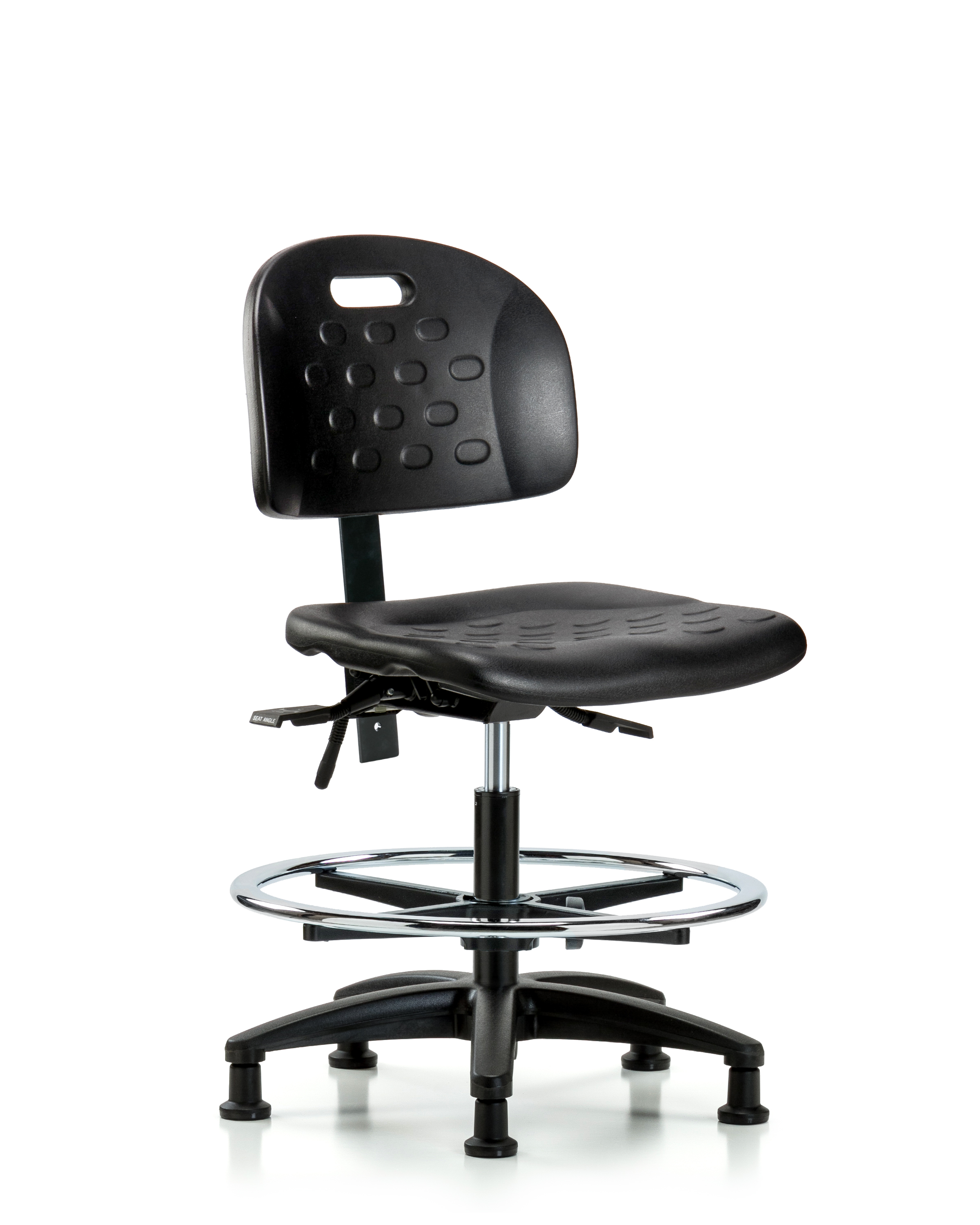 Newport Industrial Polyurethane Chair - Medium Bench Height with Chrome Foot Ring & Stationary Glides in Black Polyurethane
