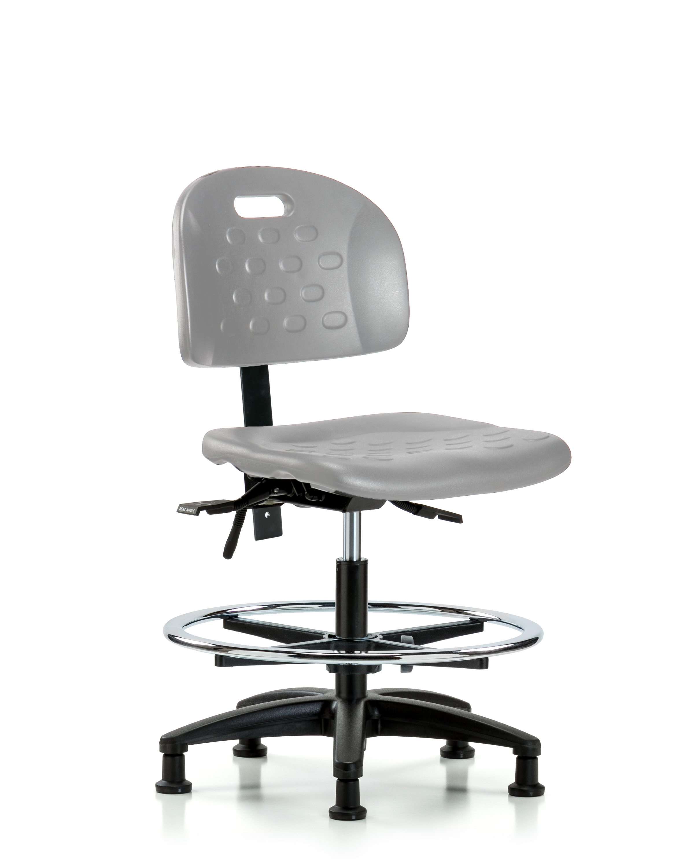 Newport Industrial Polyurethane Chair - Medium Bench Height with Chrome Foot Ring & Stationary Glides in Gray Polyurethane