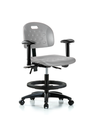 Newport Industrial Polyurethane Chair - Medium Bench Height with Adjustable Arms, Black Foot Ring, & Casters in Gray Polyurethane