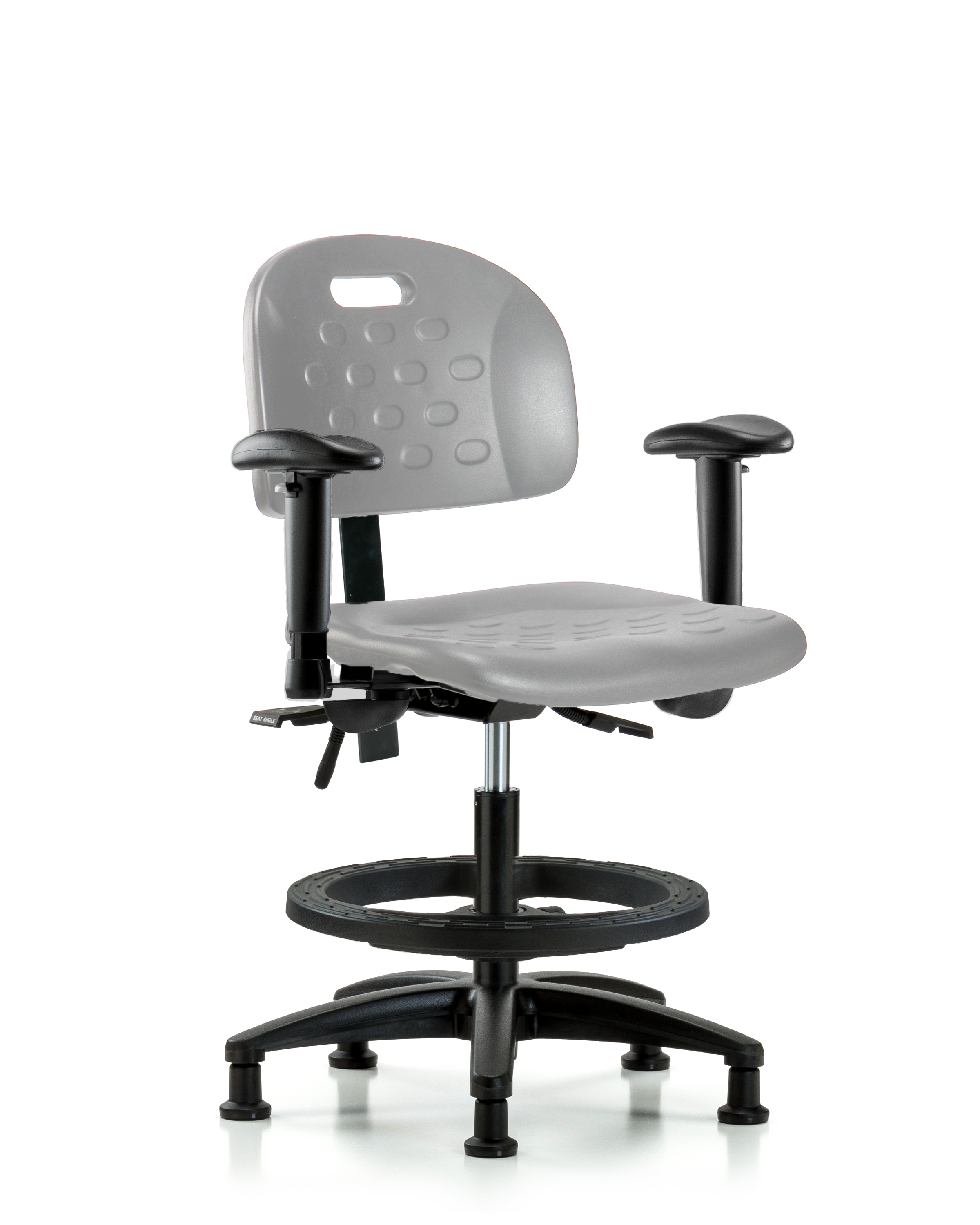 Newport Industrial Polyurethane Chair - Medium Bench Height with Adjustable Arms, Black Foot Ring, & Stationary Glides in Gray Polyurethane