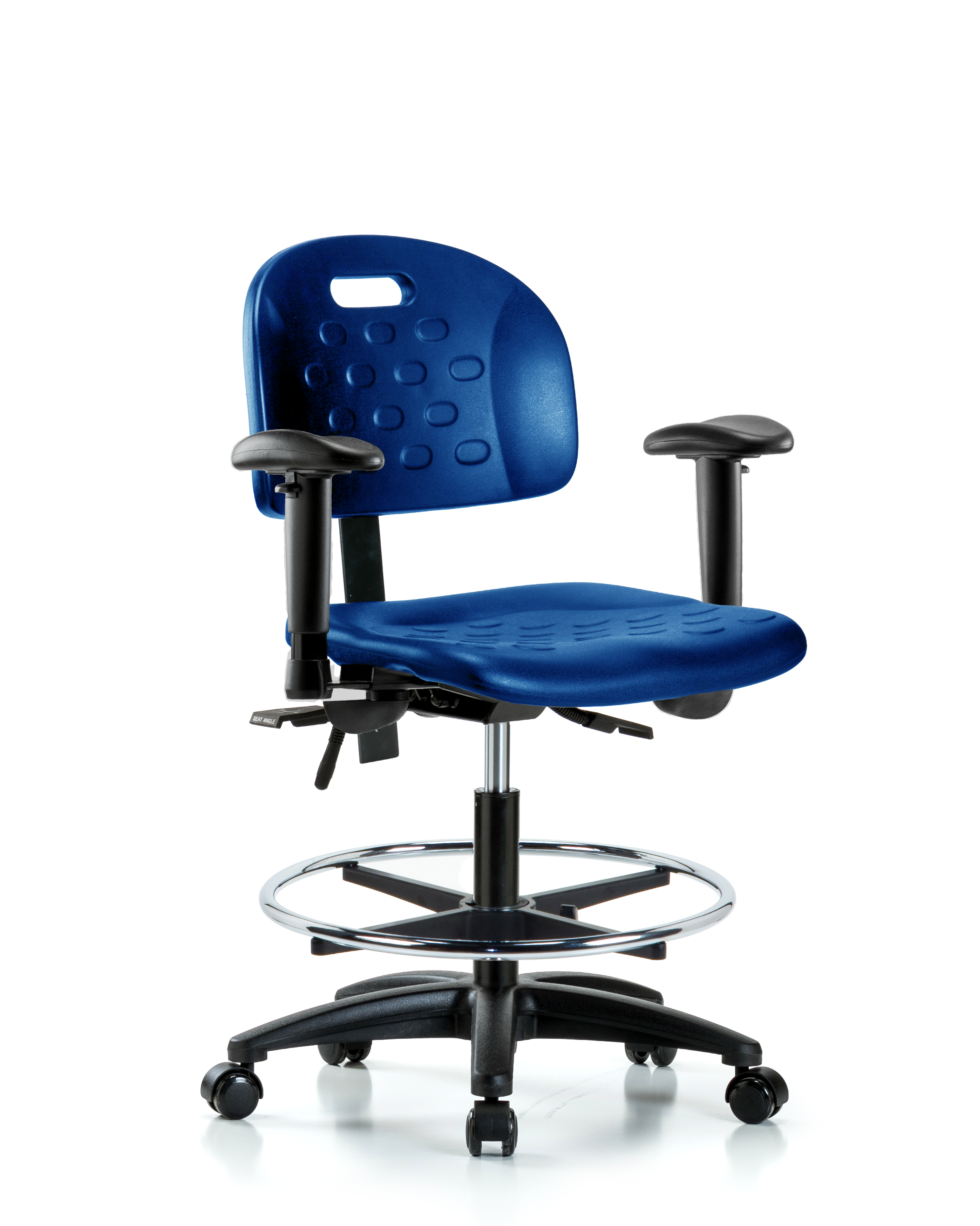Newport Industrial Polyurethane Chair - Medium Bench Height with Adjustable Arms, Chrome Foot Ring, & Casters in Blue Polyurethane