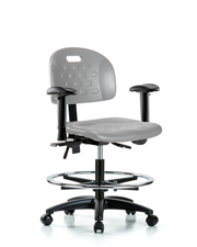 Newport Industrial Polyurethane Chair - Medium Bench Height with Adjustable Arms, Chrome Foot Ring, & Casters in Gray Polyurethane