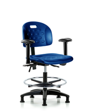 Newport Industrial Polyurethane Chair - Medium Bench Height with Adjustable Arms, Chrome Foot Ring, & Stationary Glides in Blue Polyurethane