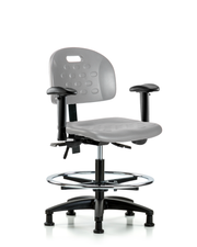 Newport Industrial Polyurethane Chair - Medium Bench Height with Adjustable Arms, Chrome Foot Ring, & Stationary Glides in Gray Polyurethane