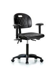 Newport Industrial Polyurethane Chair - Medium Bench Height with Adjustable Arms & Casters in Black Polyurethane