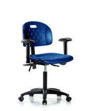 Newport Industrial Polyurethane Chair - Medium Bench Height with Adjustable Arms & Casters in Blue Polyurethane
