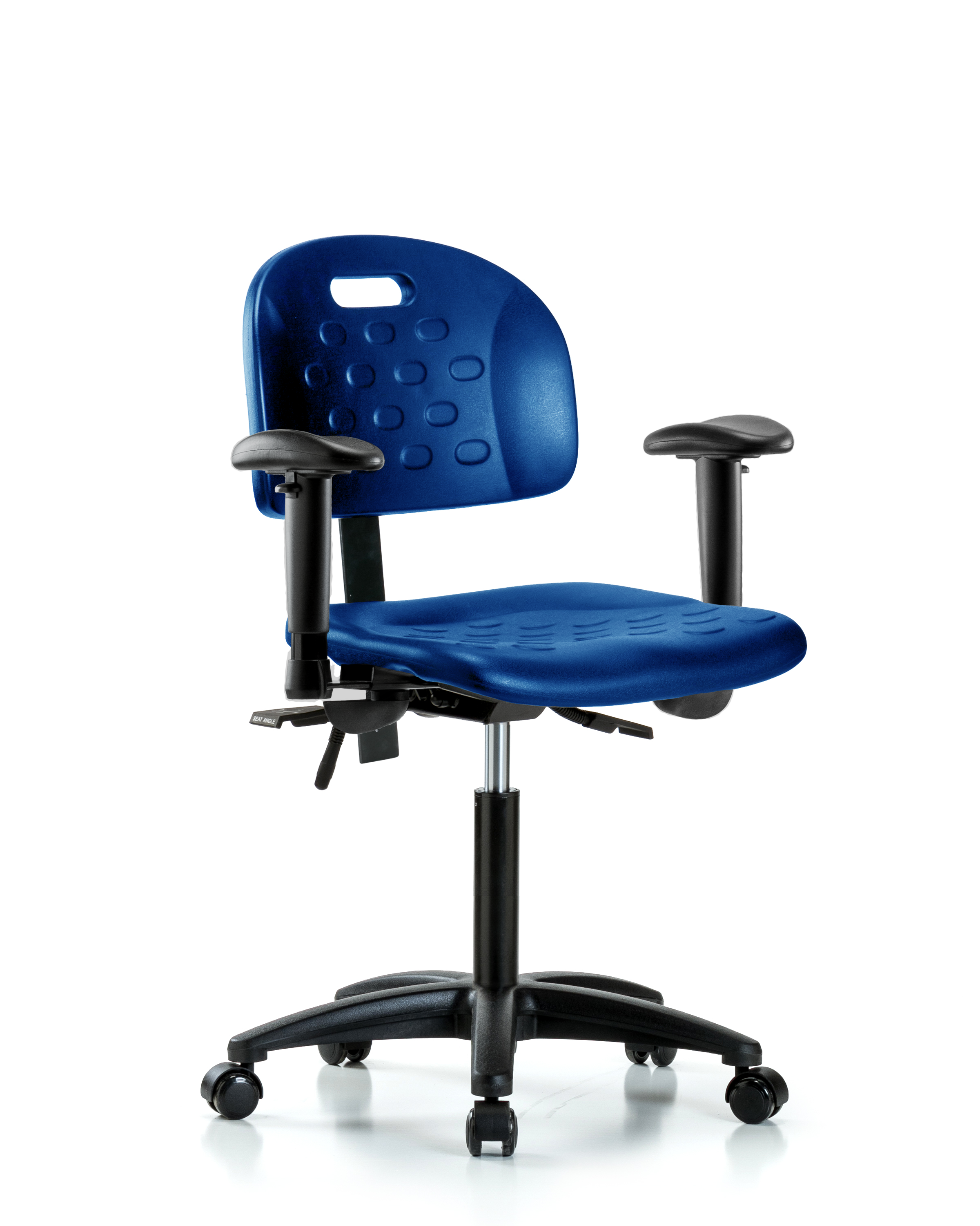 Newport Industrial Polyurethane Chair - Medium Bench Height with Adjustable Arms & Casters in Blue Polyurethane