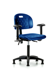 Newport Industrial Polyurethane Chair - Medium Bench Height with Adjustable Arms & Stationary Glides in Blue Polyurethane