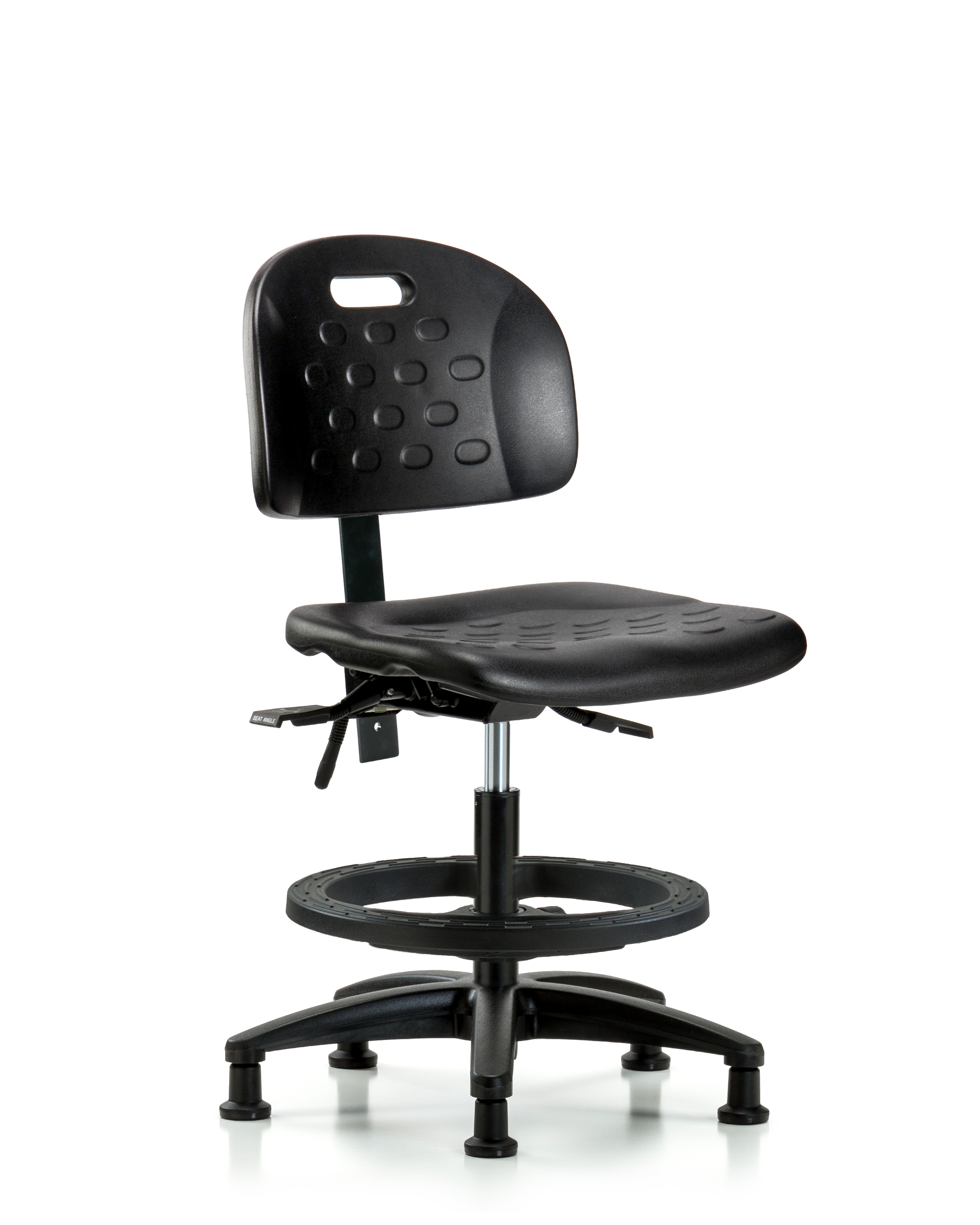 Newport Industrial Polyurethane Chair - Medium Bench Height with Seat Tilt, Black Foot Ring, & Stationary Glides in Black Polyurethane