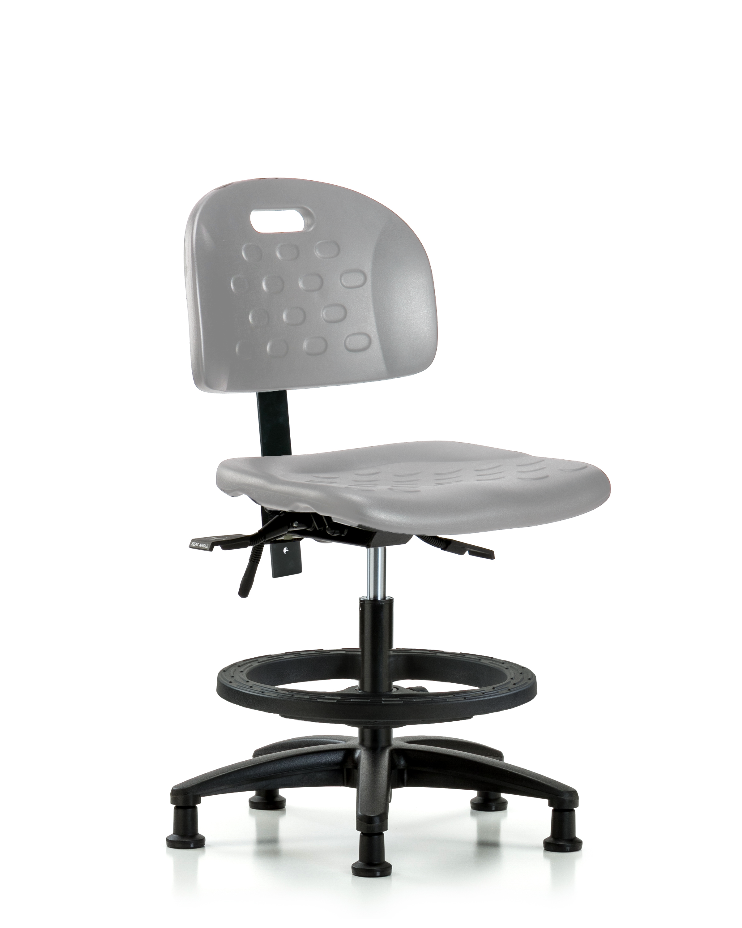 Newport Industrial Polyurethane Chair - Medium Bench Height with Seat Tilt, Black Foot Ring, & Stationary Glides in Gray Polyurethane