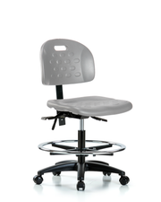 Newport Industrial Polyurethane Chair - Medium Bench Height with Seat Tilt, Chrome Foot Ring, & Casters in Gray Polyurethane