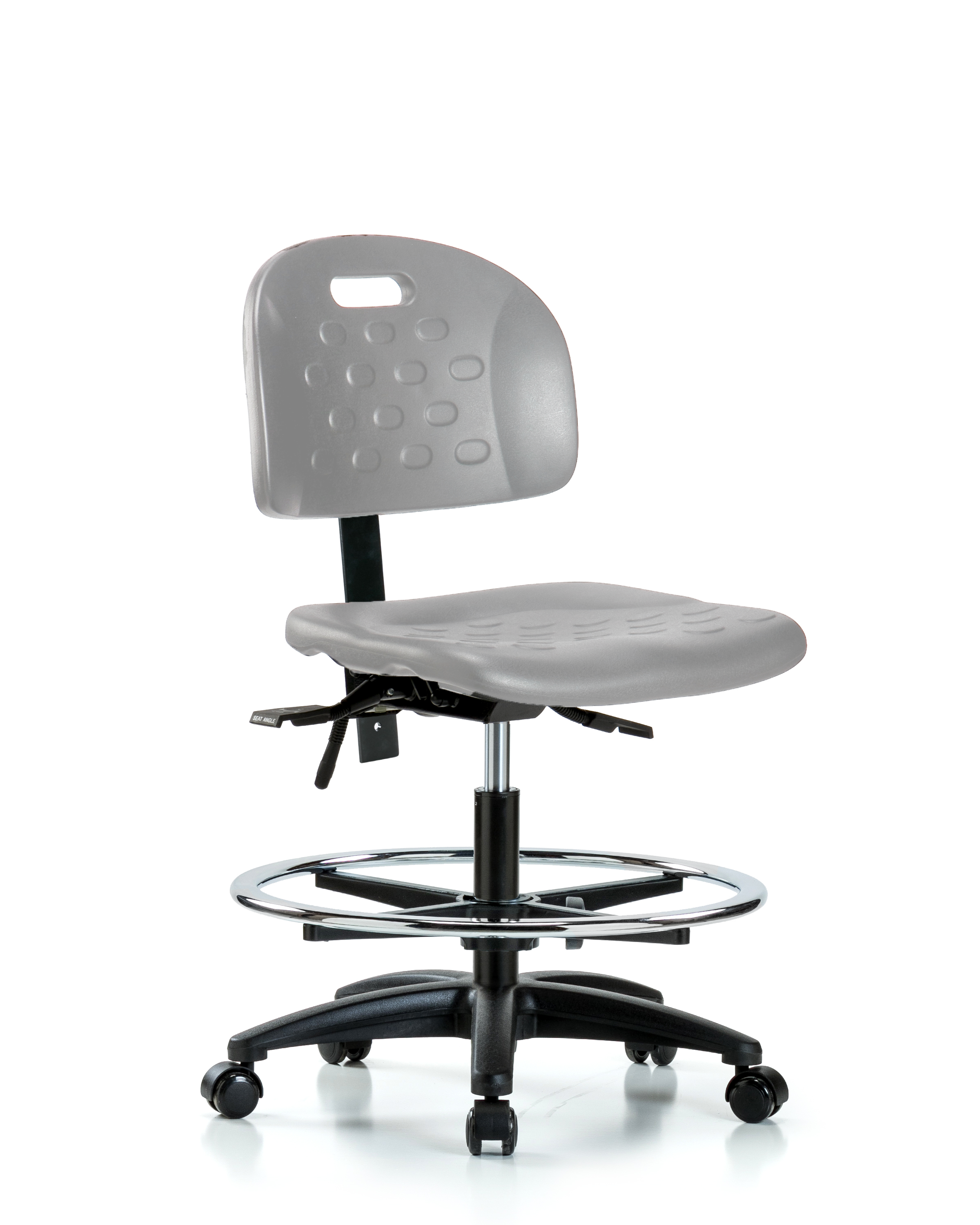 Newport Industrial Polyurethane Chair - Medium Bench Height with Seat Tilt, Chrome Foot Ring, & Casters in Gray Polyurethane