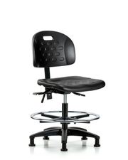 Newport Industrial Polyurethane Chair - Medium Bench Height with Seat Tilt, Chrome Foot Ring, & Stationary Glides in Black Polyurethane