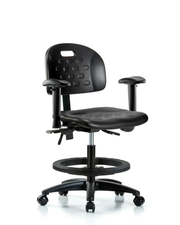 Newport Industrial Polyurethane Chair - Medium Bench Height with Seat Tilt, Adjustable Arms, Black Foot Ring, & Casters in Black Polyurethane