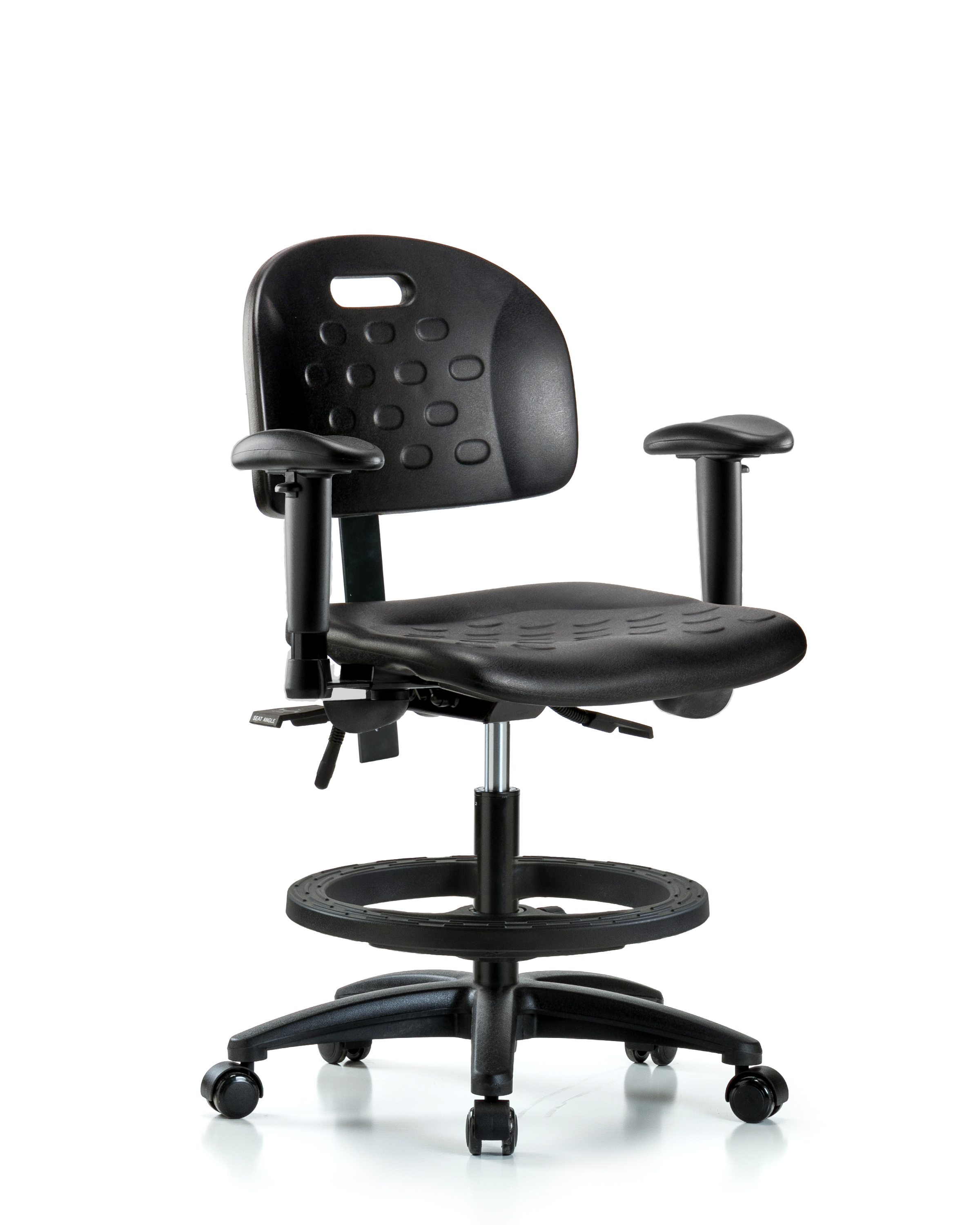 Newport Industrial Polyurethane Chair - Medium Bench Height with Seat Tilt, Adjustable Arms, Black Foot Ring, & Casters in Black Polyurethane