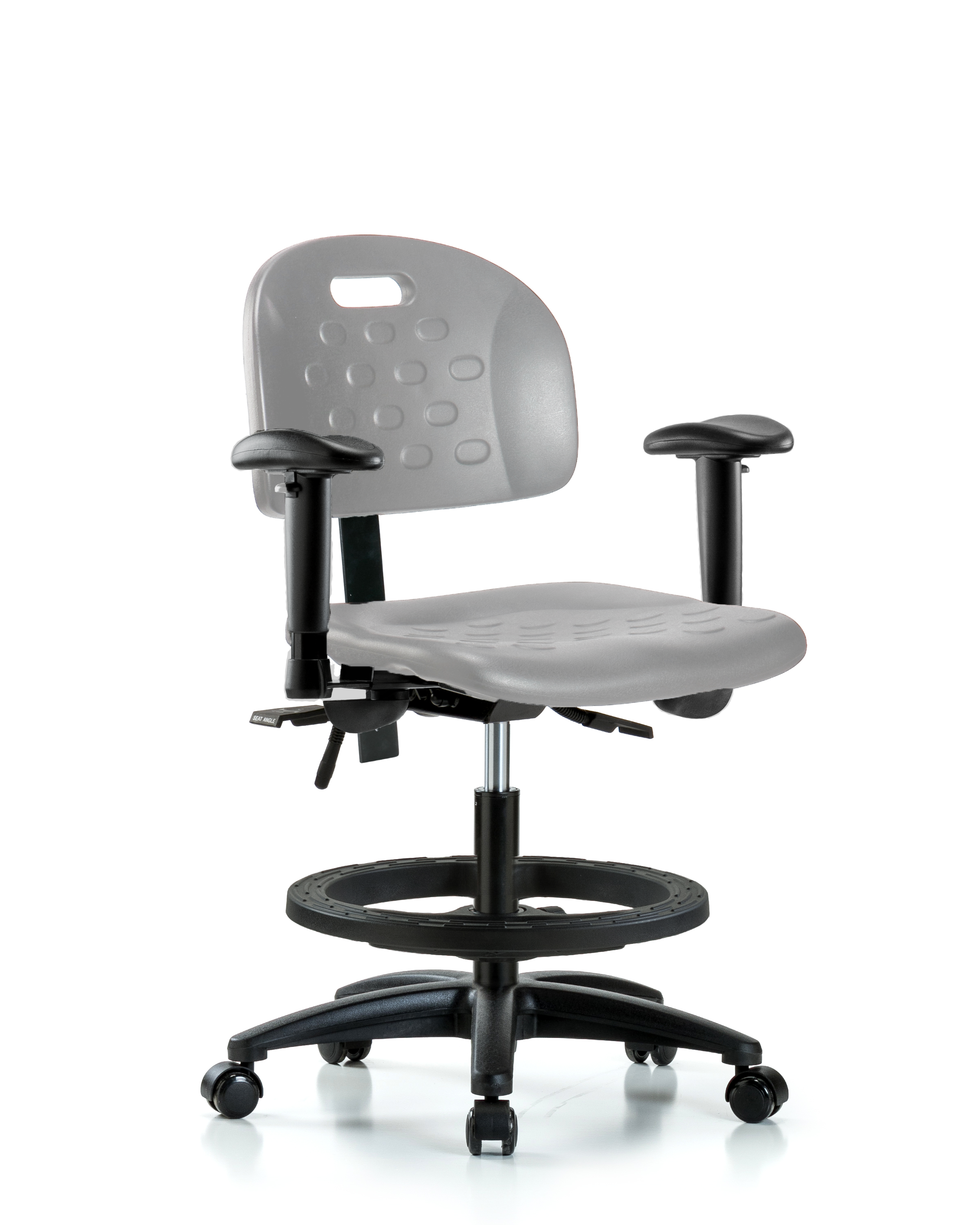 Newport Industrial Polyurethane Chair - Medium Bench Height with Seat Tilt, Adjustable Arms, Black Foot Ring, & Casters in Gray Polyurethane
