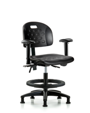 Newport Industrial Polyurethane Chair - Medium Bench Height with Seat Tilt, Adjustable Arms, Black Foot Ring, & Stationary Glides in Black Polyurethane