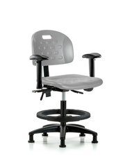Newport Industrial Polyurethane Chair - Medium Bench Height with Seat Tilt, Adjustable Arms, Black Foot Ring, & Stationary Glides in Gray Polyurethane