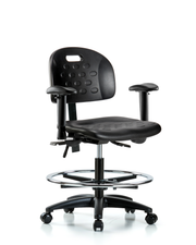 Newport Industrial Polyurethane Chair - Medium Bench Height with Seat Tilt, Adjustable Arms, Chrome Foot Ring, & Casters in Black Polyurethane