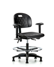 Newport Industrial Polyurethane Chair - Medium Bench Height with Seat Tilt, Adjustable Arms, Chrome Foot Ring, & Stationary Glides in Black Polyurethane
