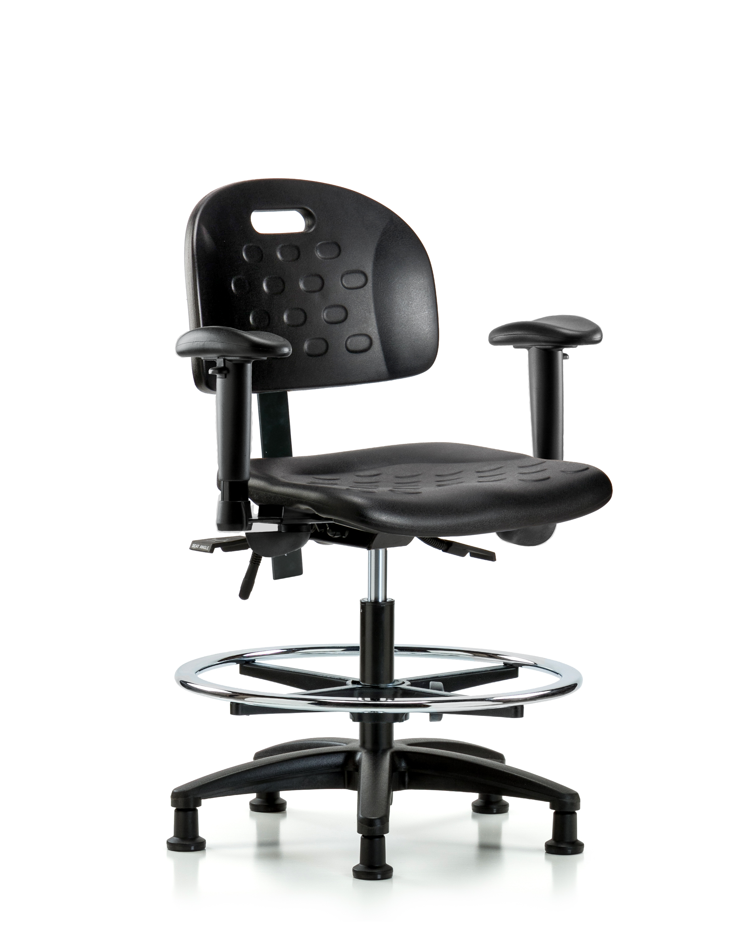 Newport Industrial Polyurethane Chair - Medium Bench Height with Seat Tilt, Adjustable Arms, Chrome Foot Ring, & Stationary Glides in Black Polyurethane