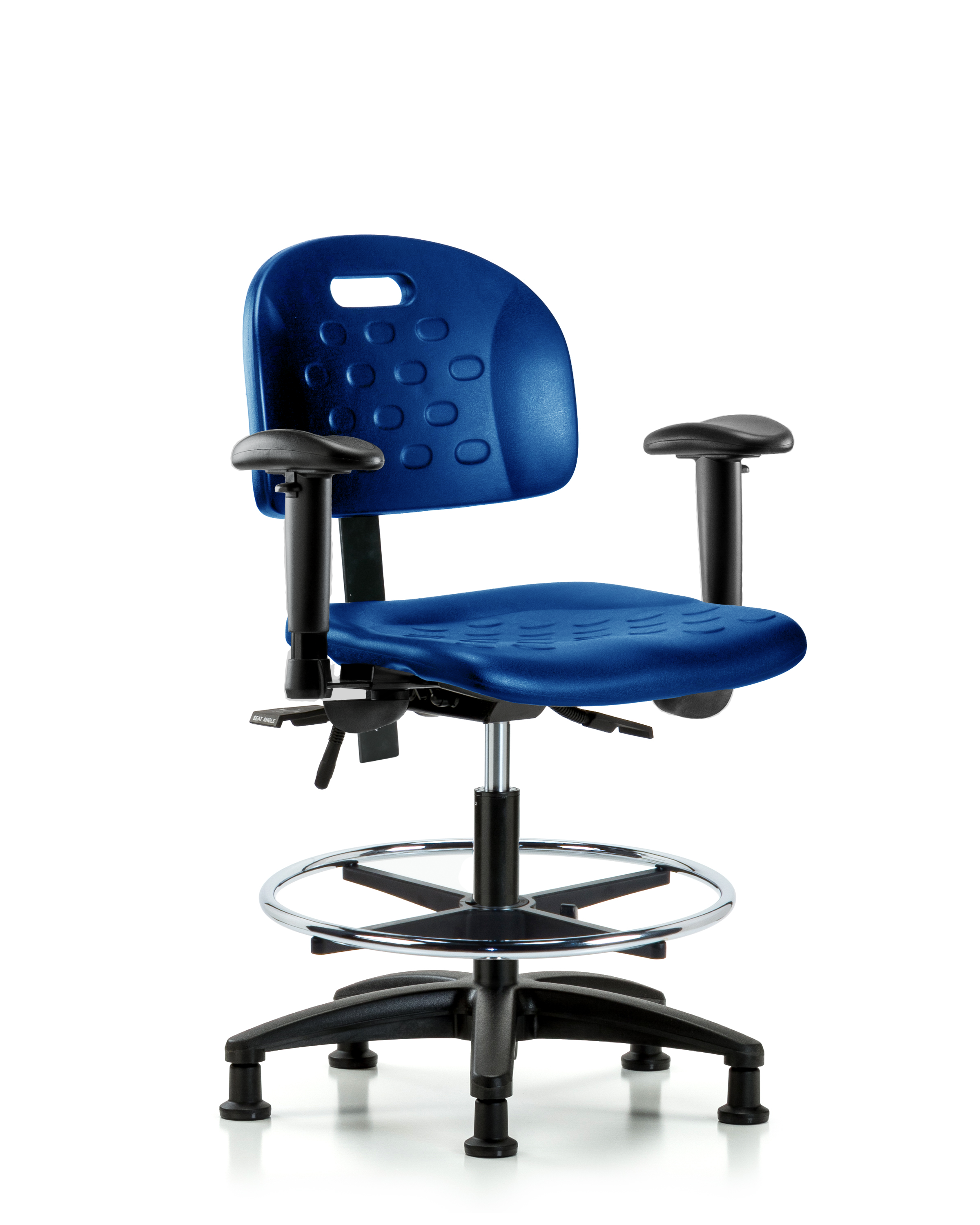 Newport Industrial Polyurethane Chair - Medium Bench Height with Seat Tilt, Adjustable Arms, Chrome Foot Ring, & Stationary Glides in Blue Polyurethane