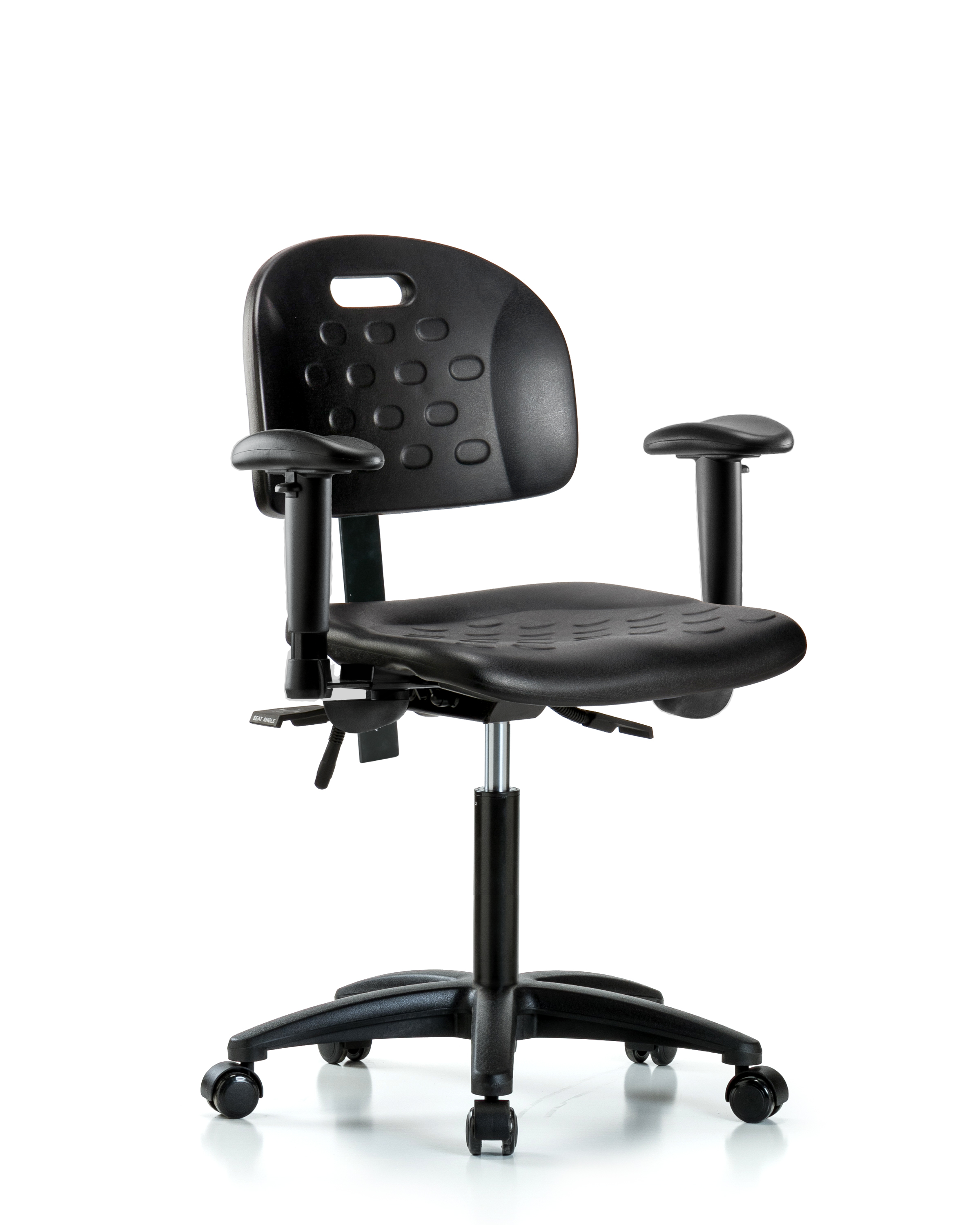 Newport Industrial Polyurethane Chair - Medium Bench Height with Seat Tilt, Adjustable Arms, & Casters in Black Polyurethane