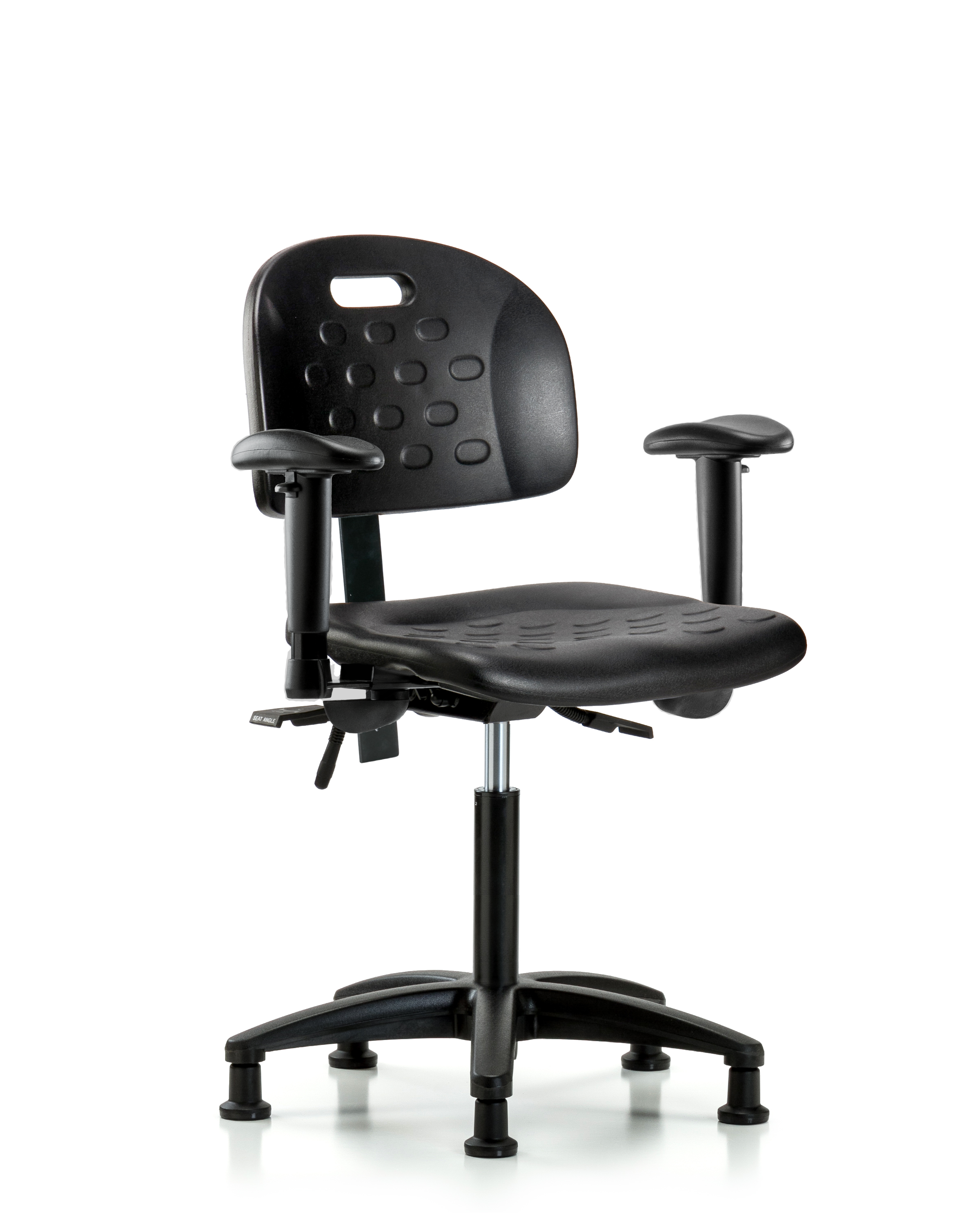 Newport Industrial Polyurethane Chair - Medium Bench Height with Seat Tilt, Adjustable Arms, & Stationary Glides in Black Polyurethane