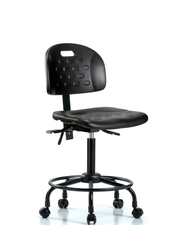 Newport Industrial Polyurethane Chair with Round Tube Base - Medium Bench Height with Casters in Black Polyurethane
