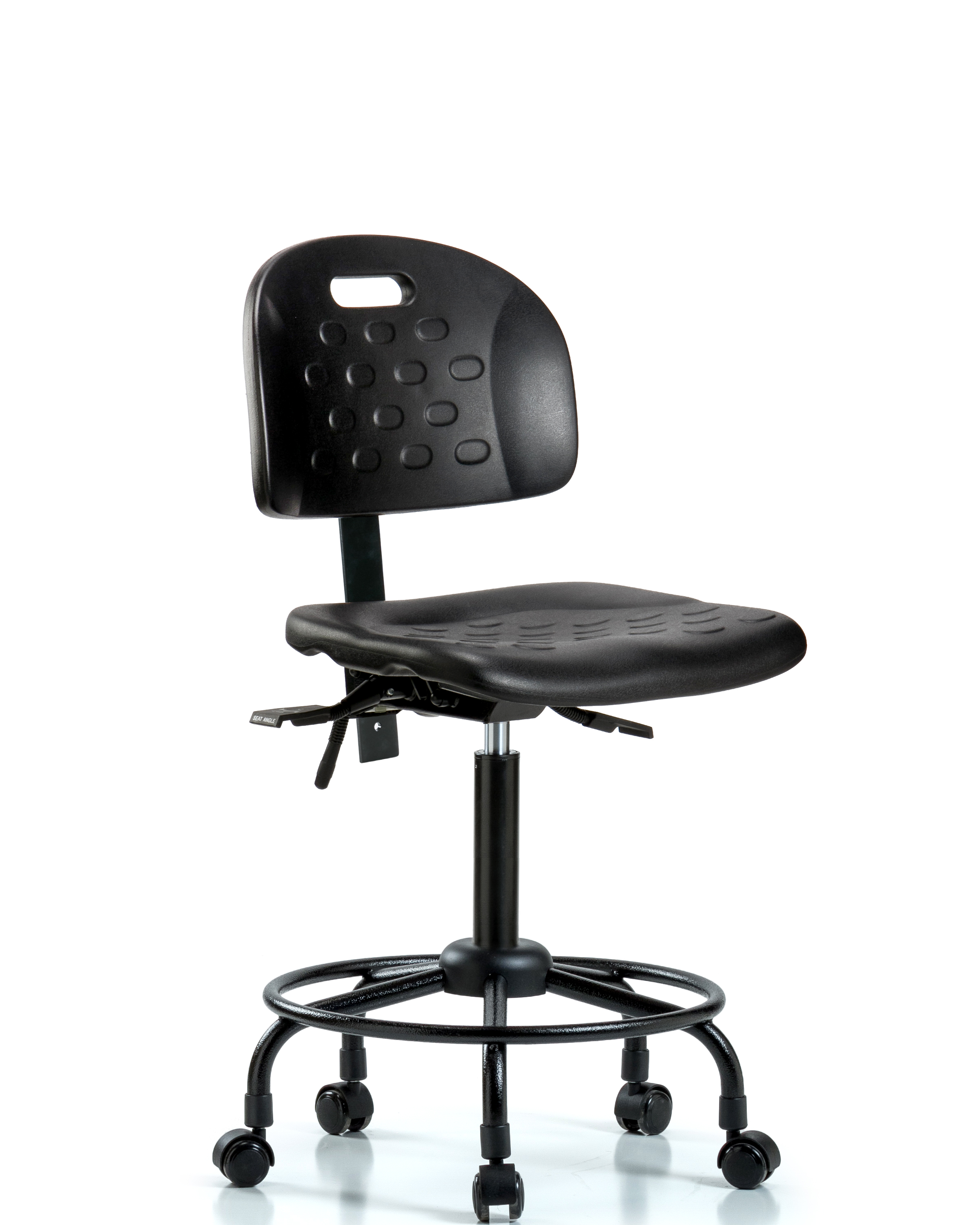 Newport Industrial Polyurethane Chair with Round Tube Base - Medium Bench Height with Casters in Black Polyurethane