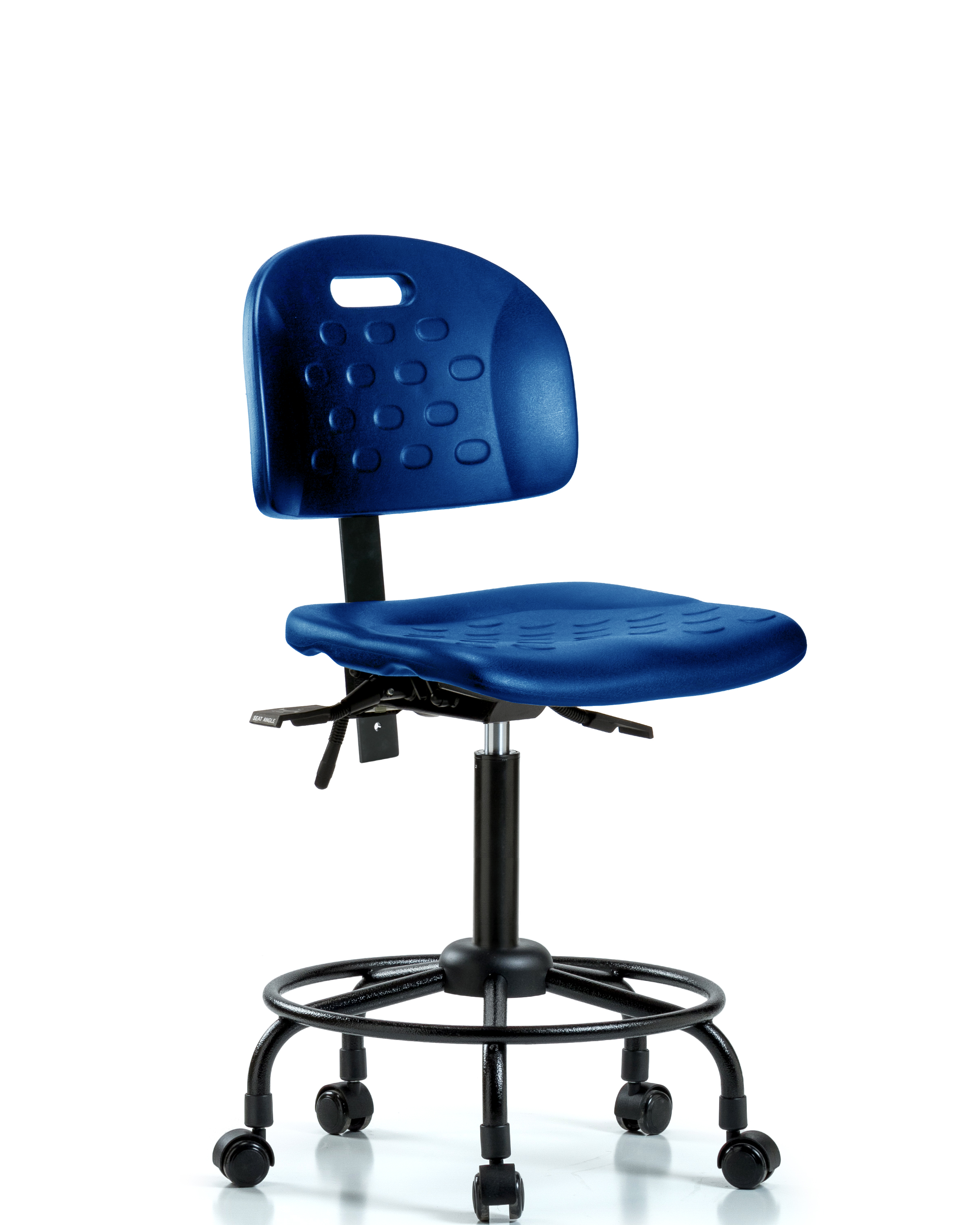 Newport Industrial Polyurethane Chair with Round Tube Base - Medium Bench Height with Casters in Blue Polyurethane
