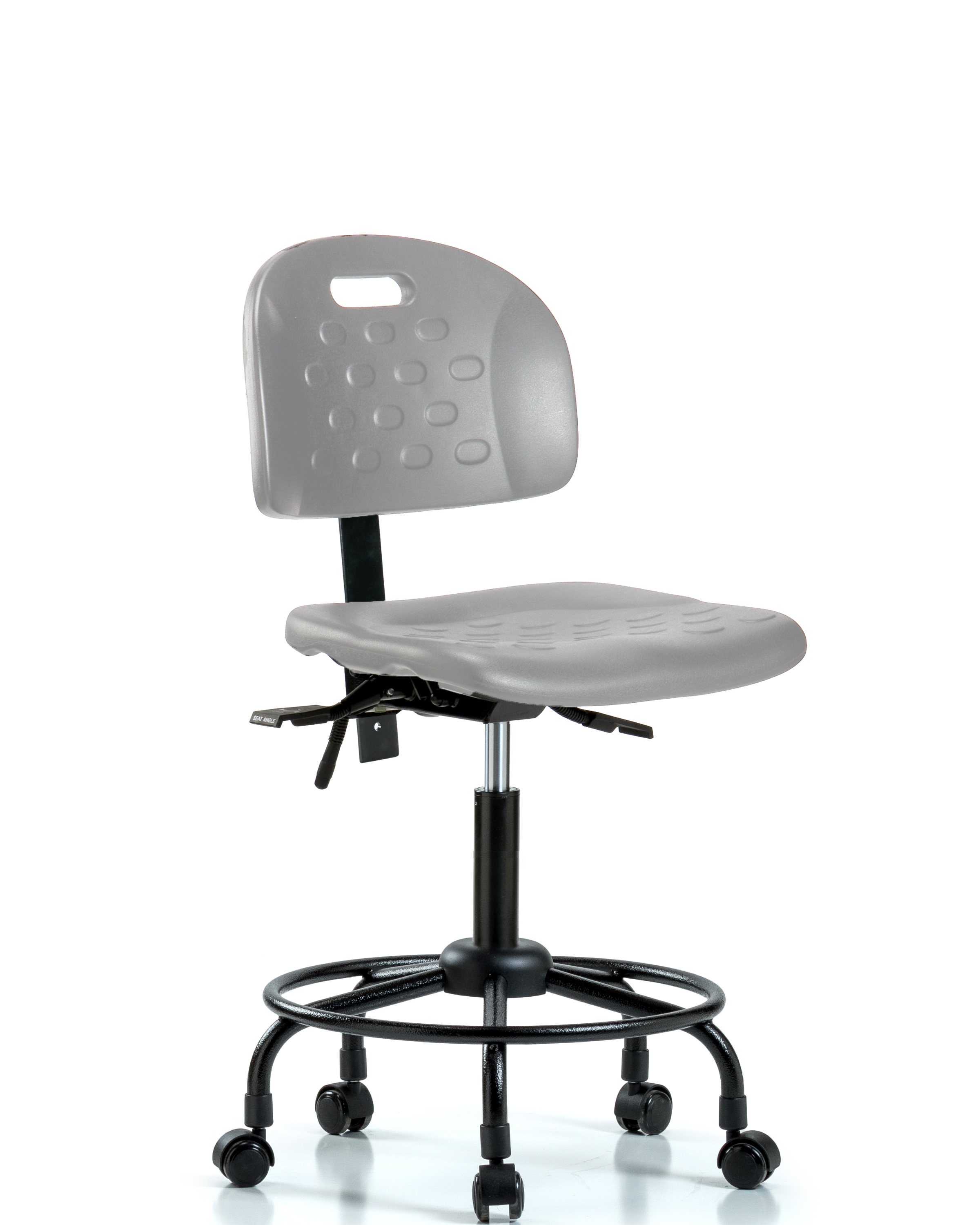 Newport Industrial Polyurethane Chair with Round Tube Base - Medium Bench Height with Casters in Gray Polyurethane