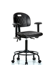 Newport Industrial Polyurethane Chair with Round Tube Base - Medium Bench Height with Adjustable Arms & Casters in Black Polyurethane